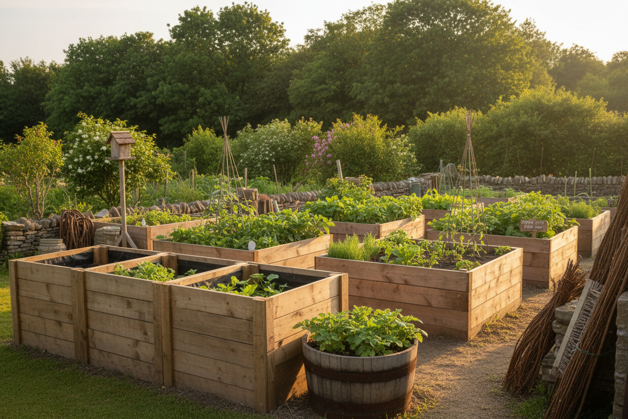 British Garden with Wooden Compost Bins and Planter