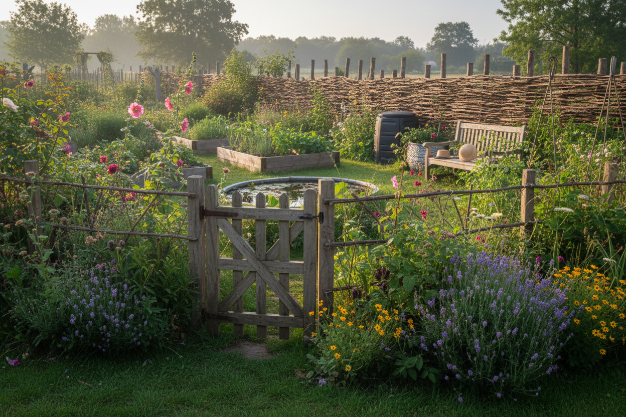 Rustic British Cottage Garden with Wooden Gate